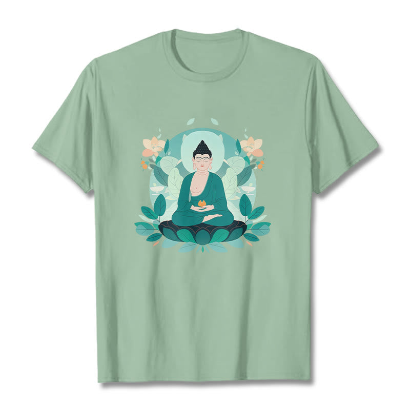 Buddha Stones Close Eyes Green Leaf Buddha Tee T-shirt - PaleGreen - 2XL - image 1