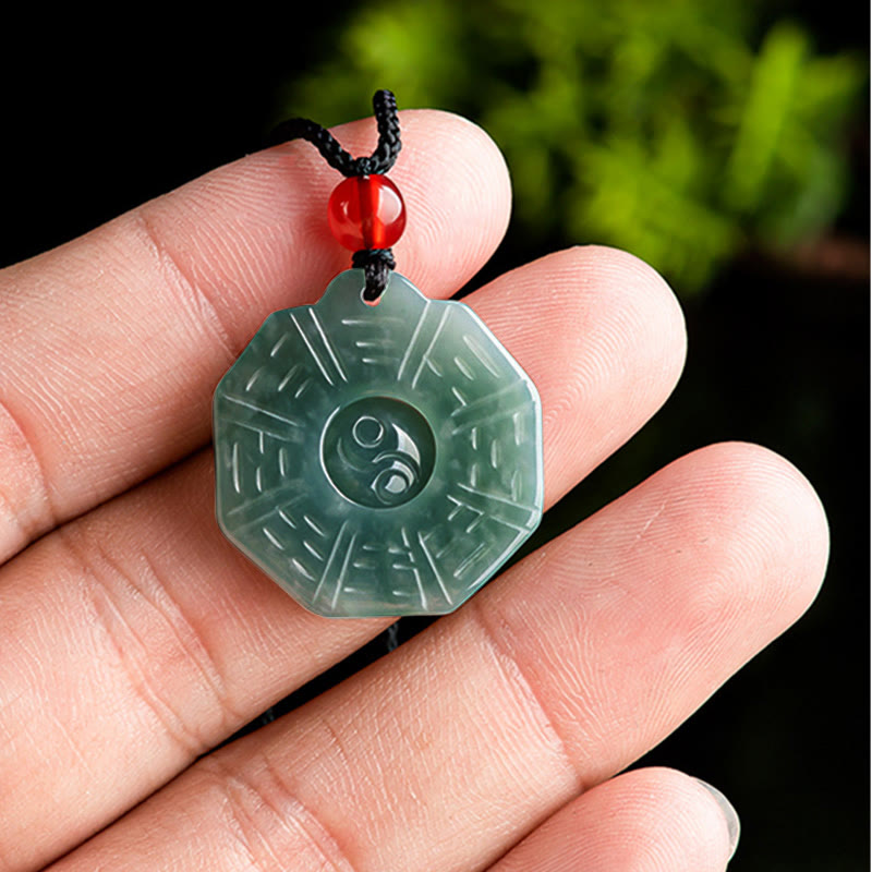 Buddha Stones Natural Jade FengShui Bagua Yin Yang Prosperity Necklace Pendant