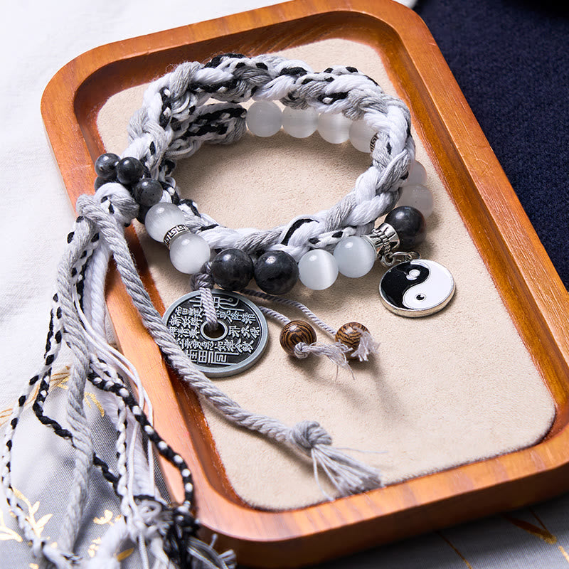 Buddha Stones Black Glitter Stone Cat's Eye Yin Yang Mountain Ghosts Spend Money Power Double Layer Rope Bracelet