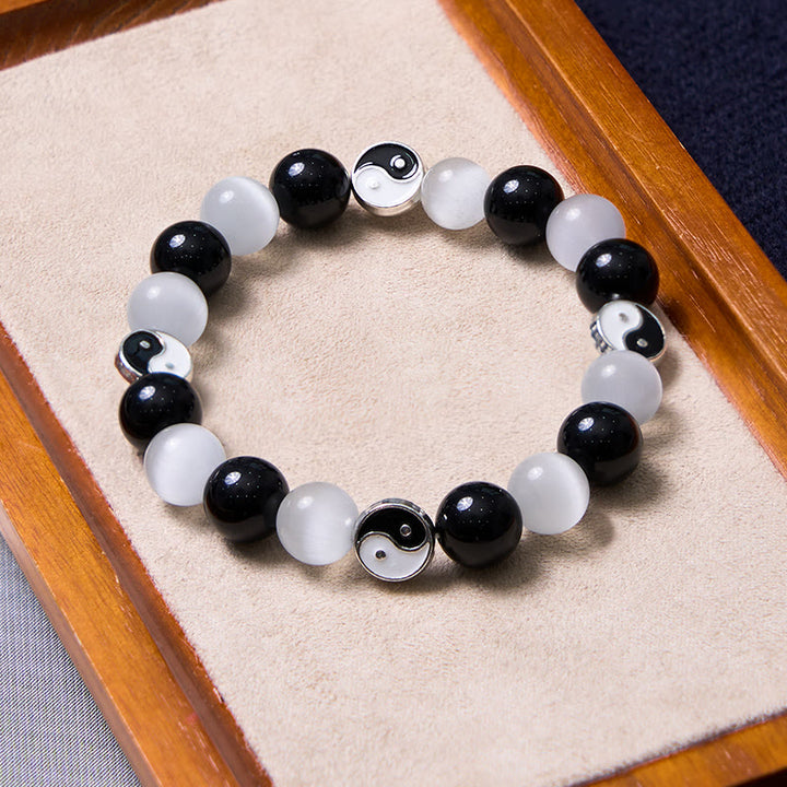 Buddha Stones Black Obsidian Cat's Eye Yin Yang Purification Strength Bracelet