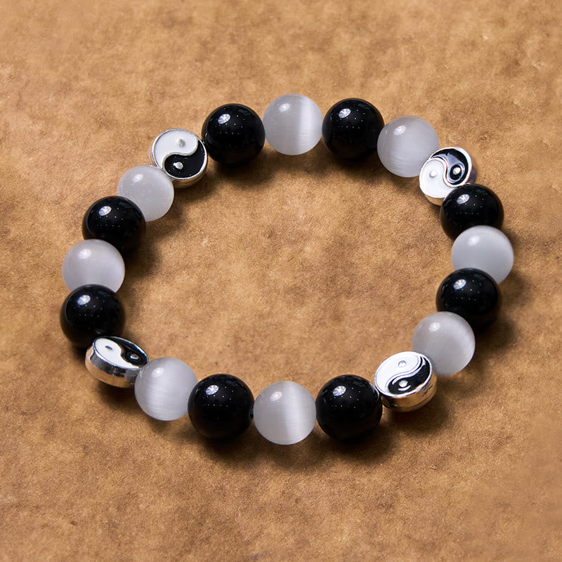 Buddha Stones Black Obsidian Cat's Eye Yin Yang Purification Strength Bracelet