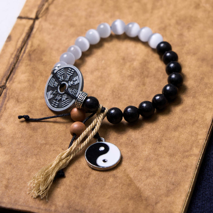 Buddha Stones Cat's Eye Ebony Wood Yin Yang Bagua Coin Support Rope Bracelet