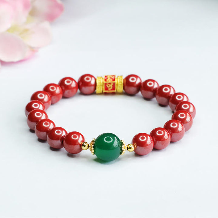 Buddha Stones Natural Cinnabar Green Agate Om Mani Padme Hum Pattern Blessing Bracelet