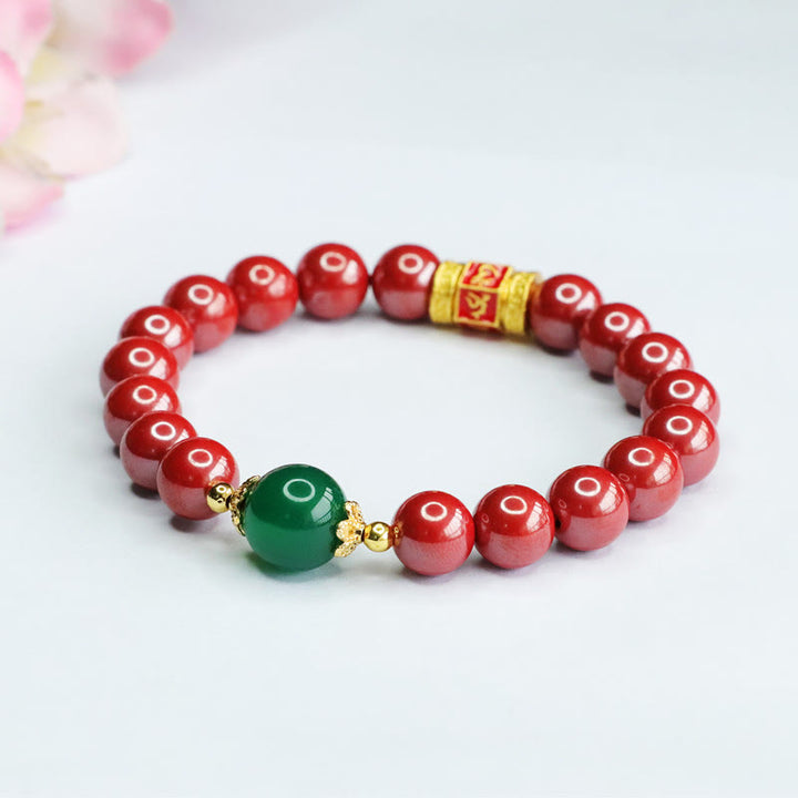 Buddha Stones Natural Cinnabar Green Agate Om Mani Padme Hum Pattern Blessing Bracelet