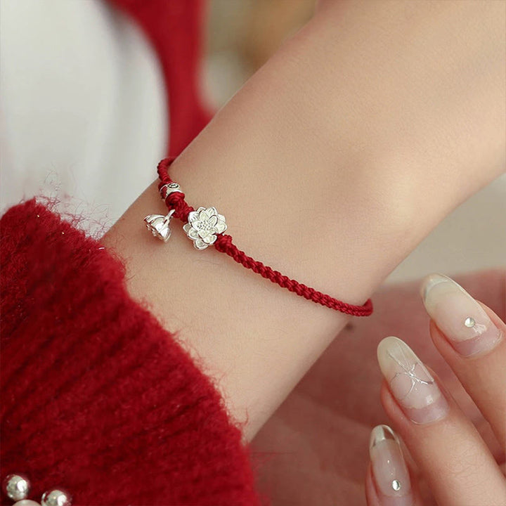 Buddha Stones Handmade Lotus Flower Luck Braid Red Rope Bracelet