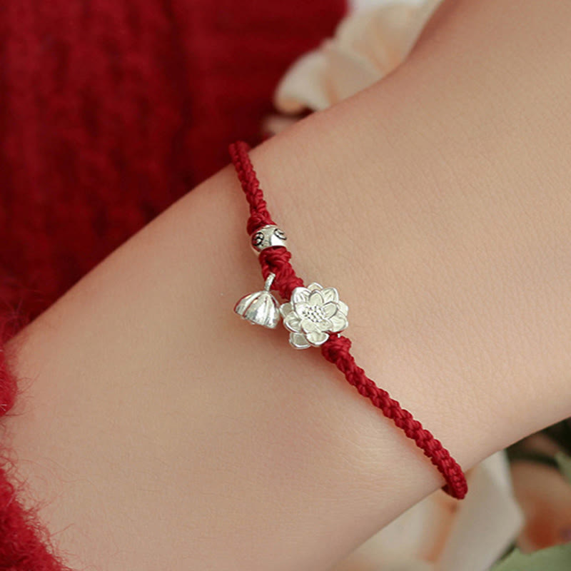 Buddha Stones Handmade Lotus Flower Luck Braid Red Rope Bracelet