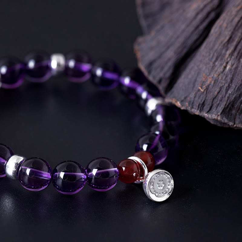 Buddha Stones 925 Sterling Silver Natural Amethyst Red Agate Lotus Positive Bracelet