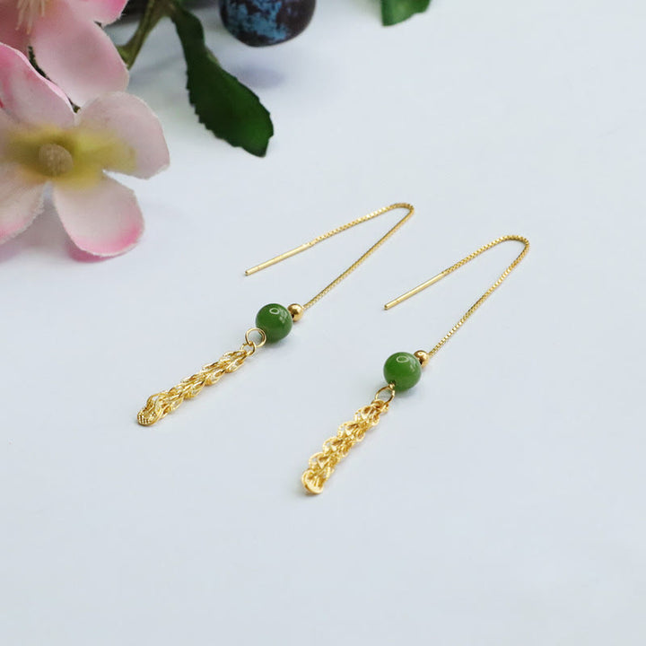 Buddha Stones 925 Sterling Silver Natural Hetian Cyan Jade Bead Luck Phoenix Tail Drop Earrings - image 10