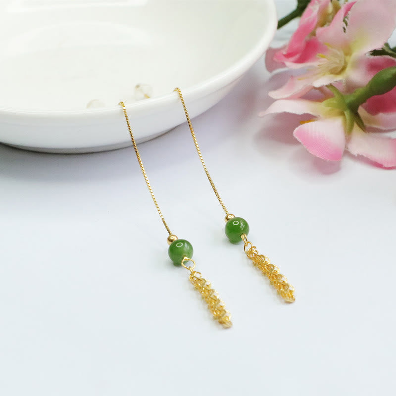 Buddha Stones 925 Sterling Silver Natural Hetian Cyan Jade Bead Luck Phoenix Tail Drop Earrings - image 1