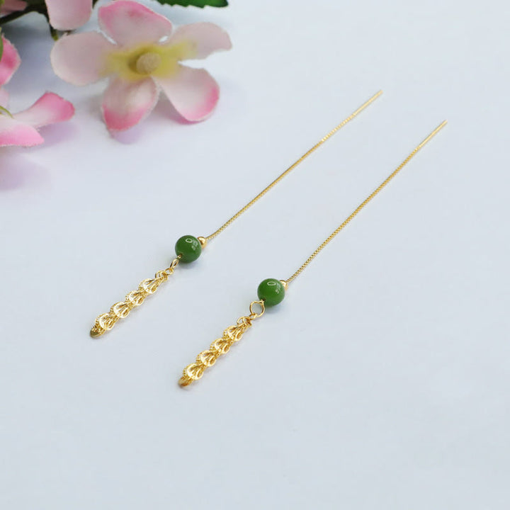 Buddha Stones 925 Sterling Silver Natural Hetian Cyan Jade Bead Luck Phoenix Tail Drop Earrings - image 3