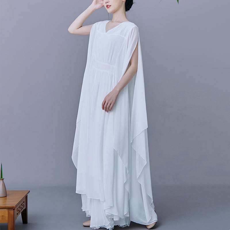 Buddha Stones 2Pcs Plain Midi Dress Skirt Chiffon Dance Zen Clothing Women's Set