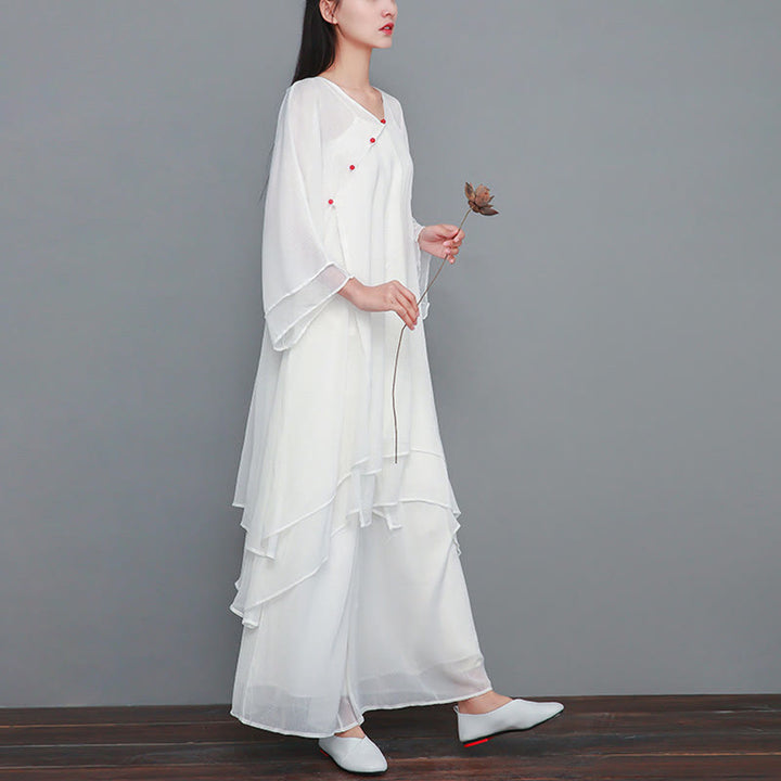 Buddha Stones 3Pcs V-Neck Three Quarter Sleeve Irregular Tank Shirt Wide Leg Pants Chiffon Women's Set