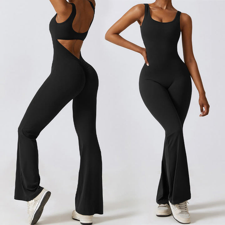 Buddha Stones Women Workout Sleeveless Jumpsuit Flare Pants Sports Fitness Yoga Bodysuit