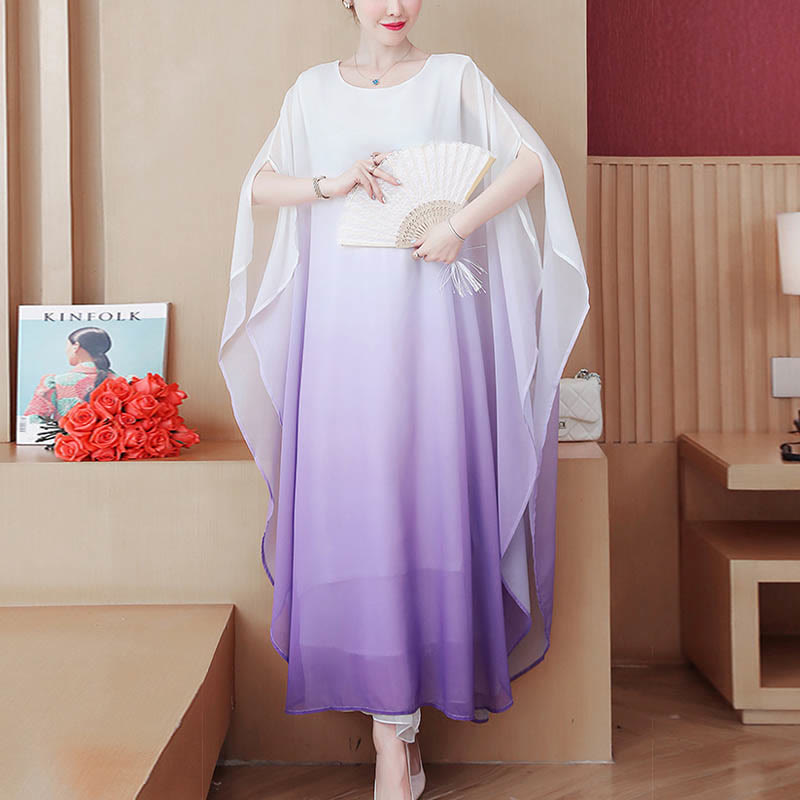 Buddha Stones Gradient Color Half Sleeve Chiffon Midi Dress Meditation Zen Practice