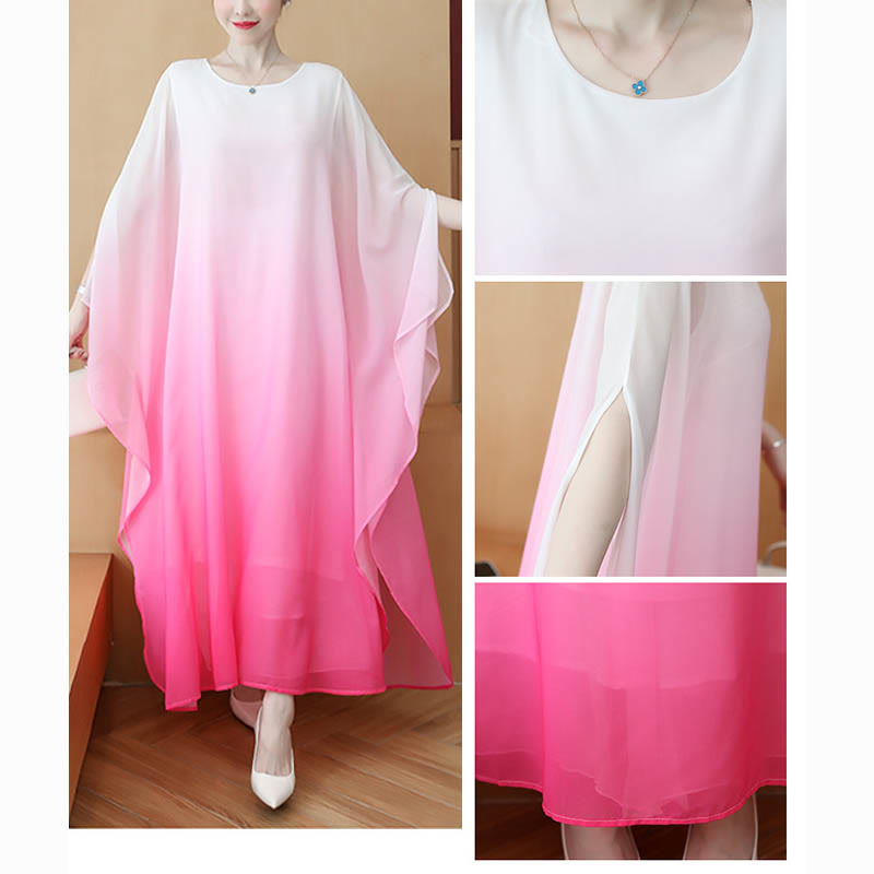 Buddha Stones Gradient Color Half Sleeve Chiffon Midi Dress Meditation Zen Practice