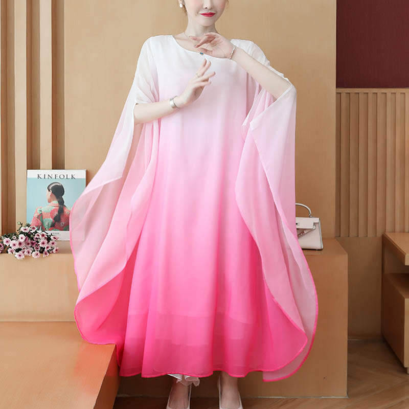 Buddha Stones Gradient Color Half Sleeve Chiffon Midi Dress Meditation Zen Practice