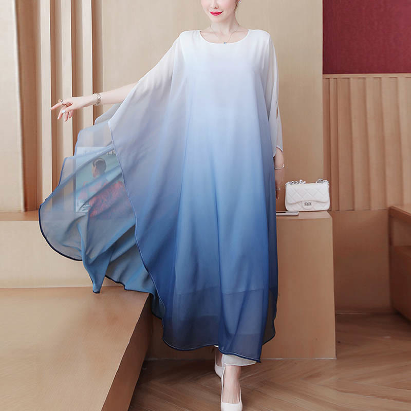 Buddha Stones Gradient Color Half Sleeve Chiffon Midi Dress Meditation Zen Practice