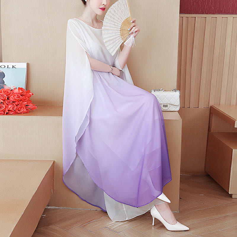 Buddha Stones Gradient Color Half Sleeve Chiffon Midi Dress Meditation Zen Practice