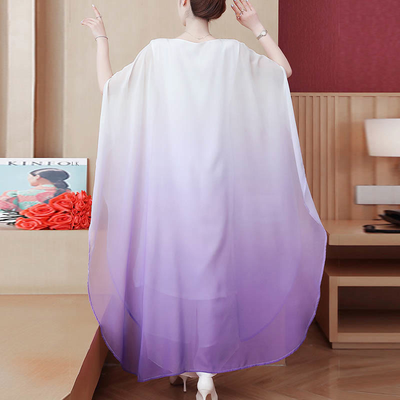 Buddha Stones Gradient Color Half Sleeve Chiffon Midi Dress Meditation Zen Practice