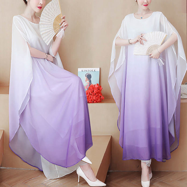 Buddha Stones Gradient Color Half Sleeve Chiffon Midi Dress Meditation Zen Practice