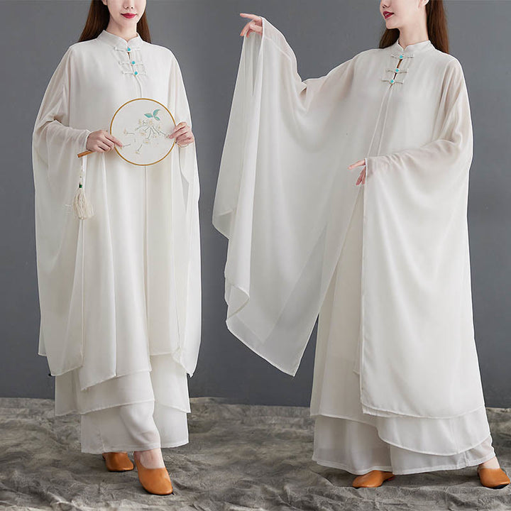 Buddha Stones 2Pcs Frog-Button Long Sleeve Midi Dress Wide Leg Pants Chiffon Zen Women's Set