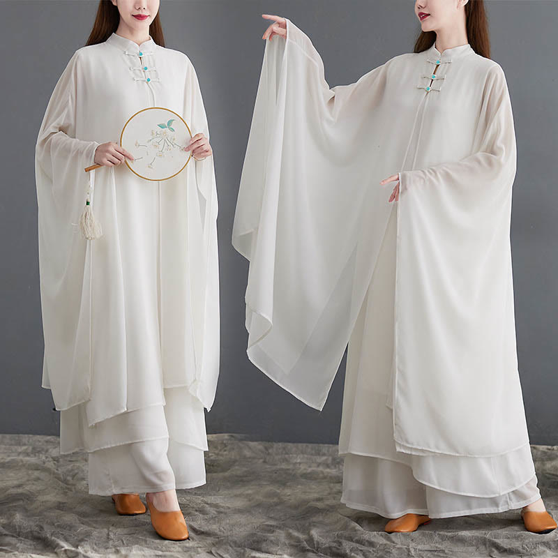Buddha Stones 2Pcs Frog-Button Long Sleeve Midi Dress Wide Leg Pants Chiffon Zen Women's Set - image 0