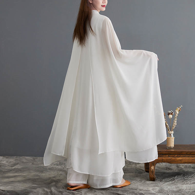 Buddha Stones 2Pcs Frog-Button Long Sleeve Midi Dress Wide Leg Pants Chiffon Zen Women's Set - image 4