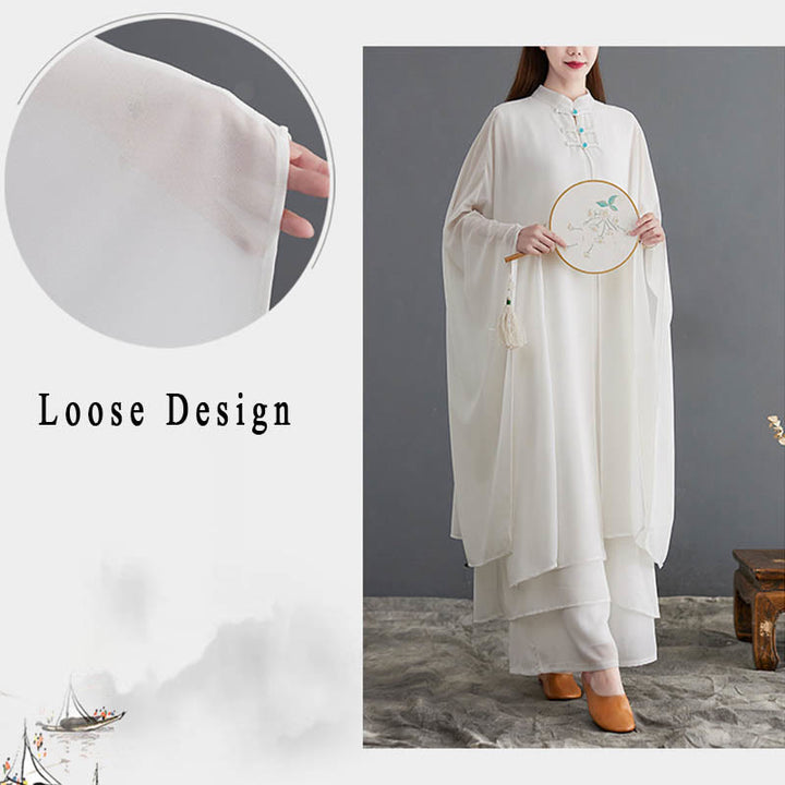 Buddha Stones 2Pcs Frog-Button Long Sleeve Midi Dress Wide Leg Pants Chiffon Zen Women's Set - image 8