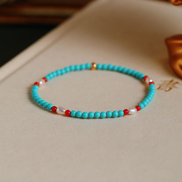 Buddha Stones Turquoise Red Agate Pearl Small Beaded Protection Bracelet