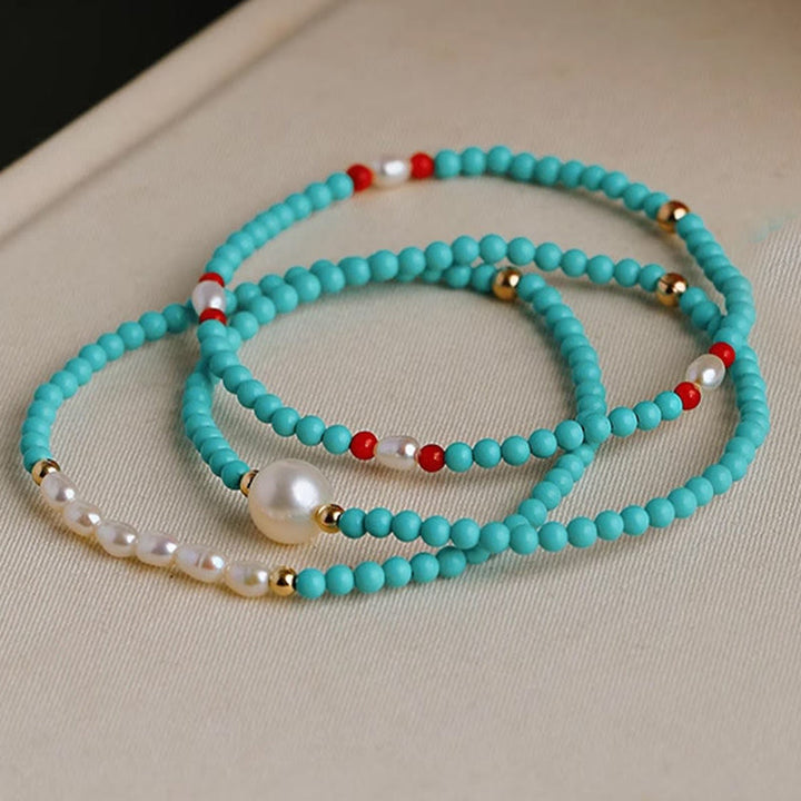 Buddha Stones Turquoise Red Agate Pearl Small Beaded Protection Bracelet