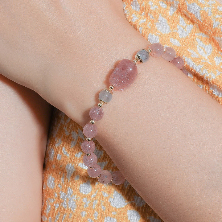 Buddha Stones Moonstone Strawberry Quartz Tourmaline PiXiu Healing Bracelet