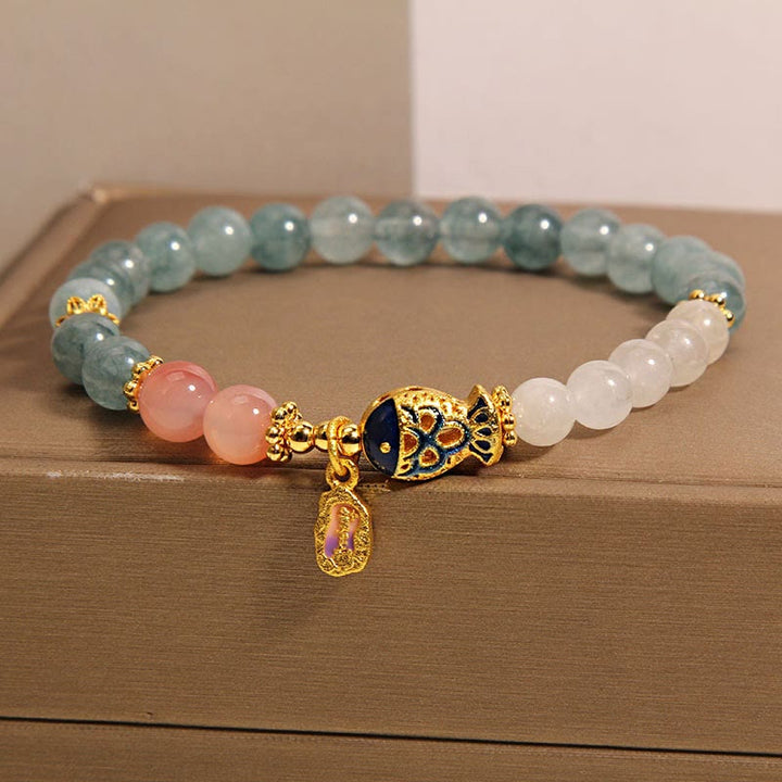 Buddha Stones Jade Yanyuan Agate White Jade Koi Fish Scripture Charm Luck Bracelet