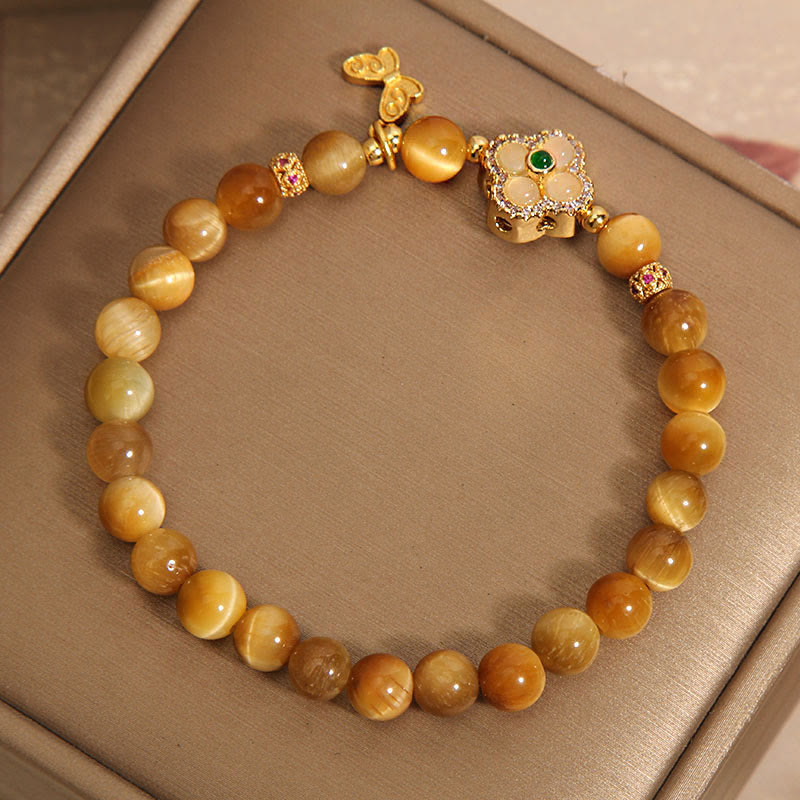 Buddha Stones Tiger Eye Four Leaf Clover Butterfly Protection Bracelet