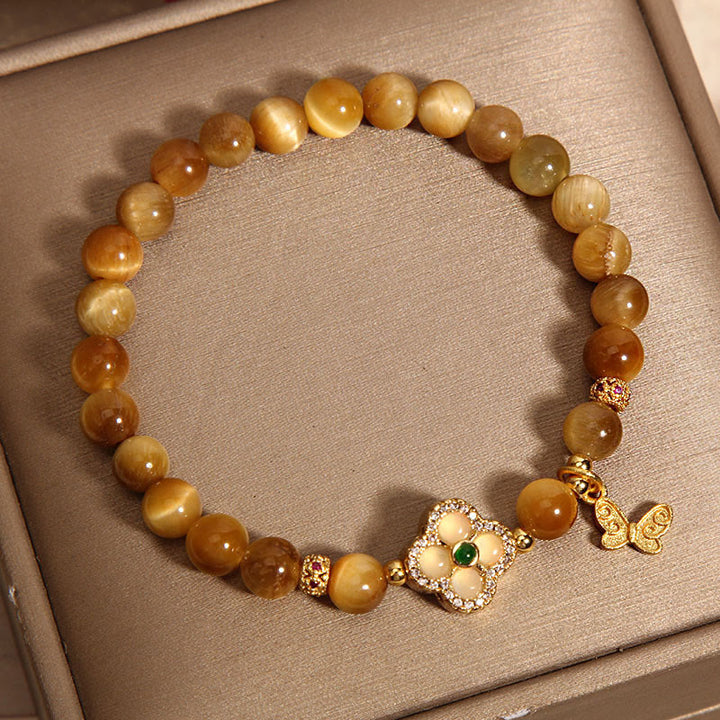 Buddha Stones Tiger Eye Four Leaf Clover Butterfly Protection Bracelet