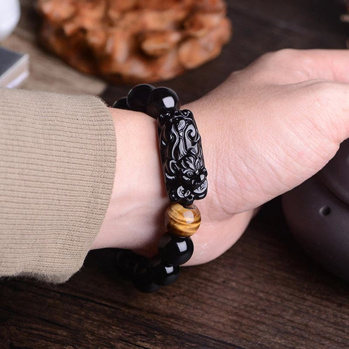 Buddha Stones Natural Black Obsidian PiXiu Tiger's Eye Strength Bracelet