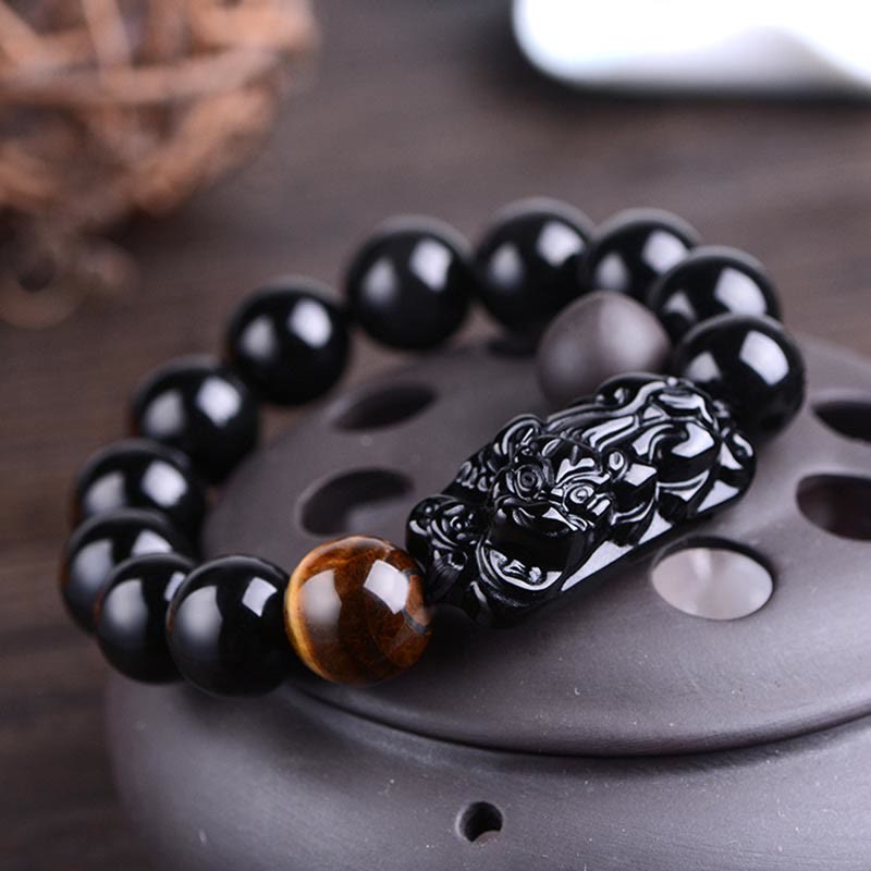 Buddha Stones Natural Black Obsidian PiXiu Tiger's Eye Strength Bracelet