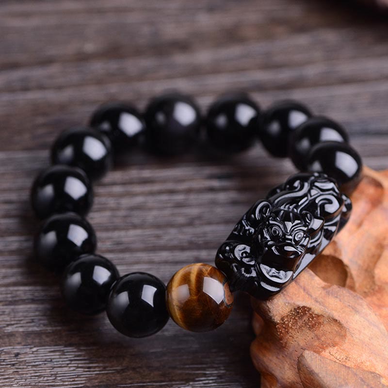 Buddha Stones Natural Black Obsidian PiXiu Tiger's Eye Strength Bracelet