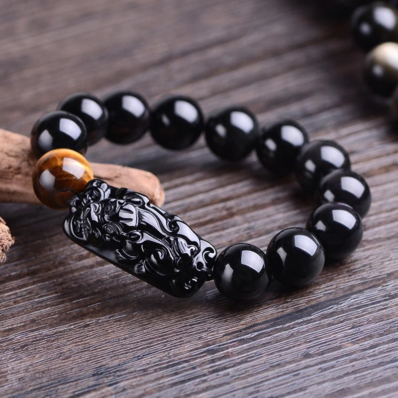 Buddha Stones Natural Black Obsidian PiXiu Tiger's Eye Strength Bracelet