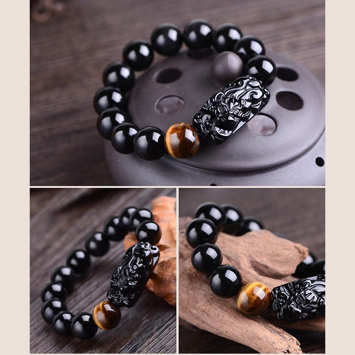 Buddha Stones Natural Black Obsidian PiXiu Tiger's Eye Strength Bracelet