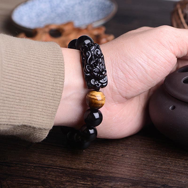 Buddha Stones Natural Black Obsidian PiXiu Tiger's Eye Strength Bracelet