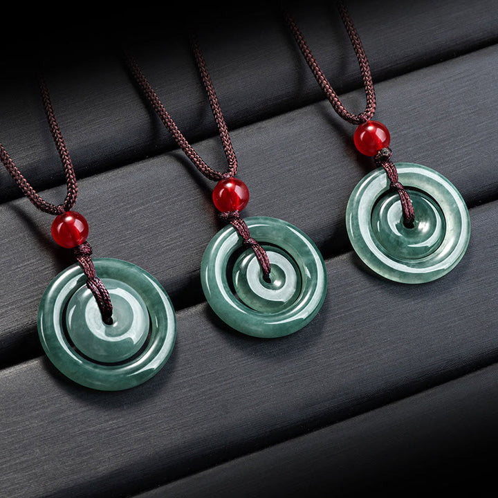 Buddha Stones Green Jade Double Peace Buckle Abundance Necklace Pendant