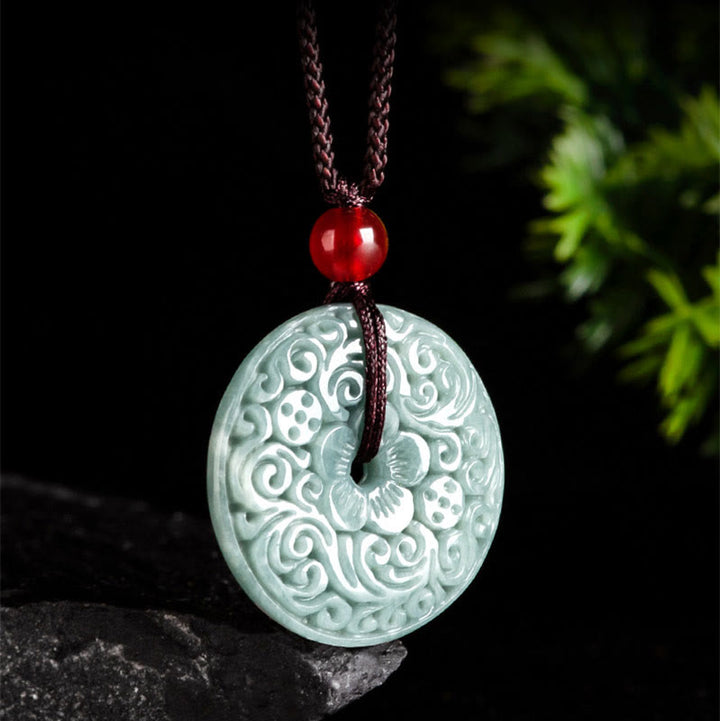 Buddha Stones Green Jade Flower Carved Peace Buckle Abundance Necklace Pendant