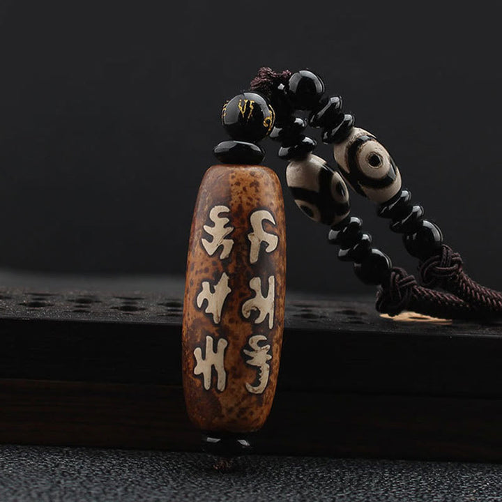 Buddha Stones Tibet Om Mani Padme Hum Dzi Bead Avalokitesvara Pattern Wealth Necklace Pendant - Dzi Bead - image 1