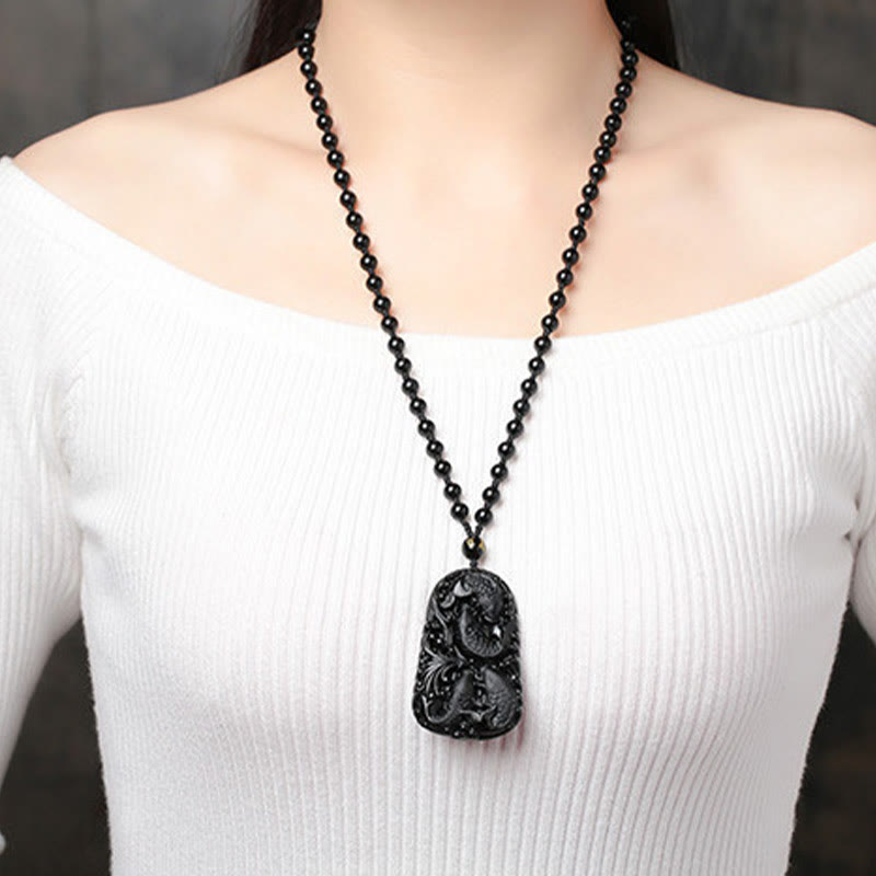 Buddha Stones Black Obsidian Koi Fish Engraved Strength Beaded Necklace Pendant