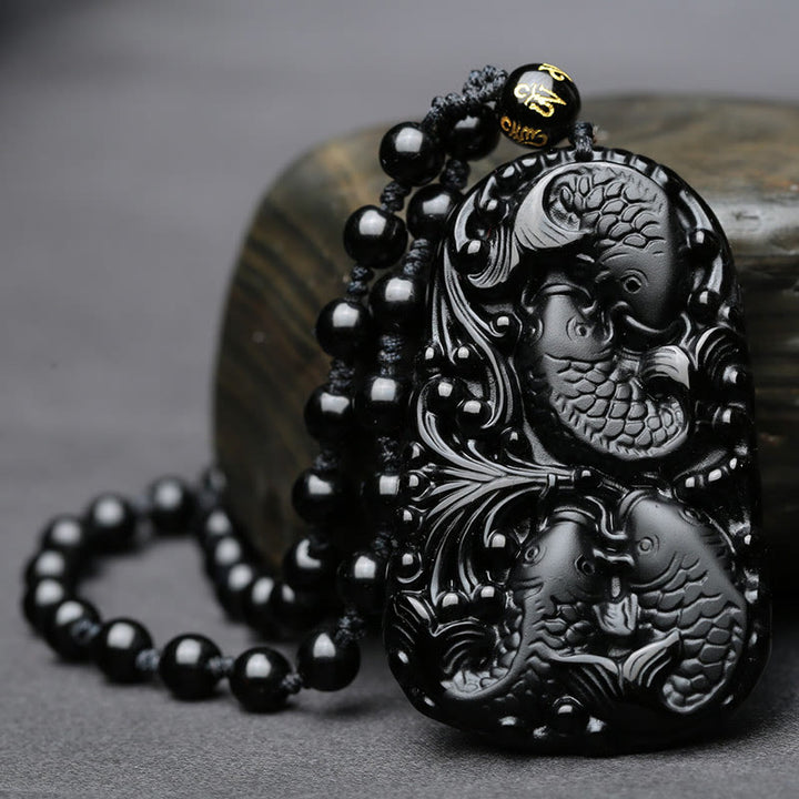 Buddha Stones Black Obsidian Koi Fish Engraved Strength Beaded Necklace Pendant