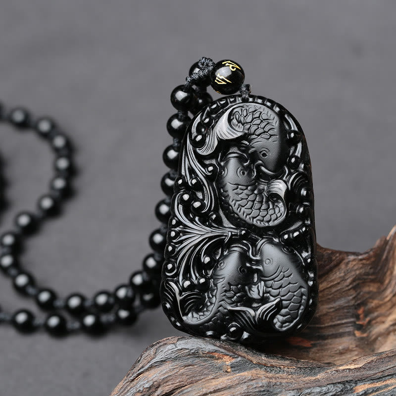 Buddha Stones Black Obsidian Koi Fish Engraved Strength Beaded Necklace Pendant - image 9