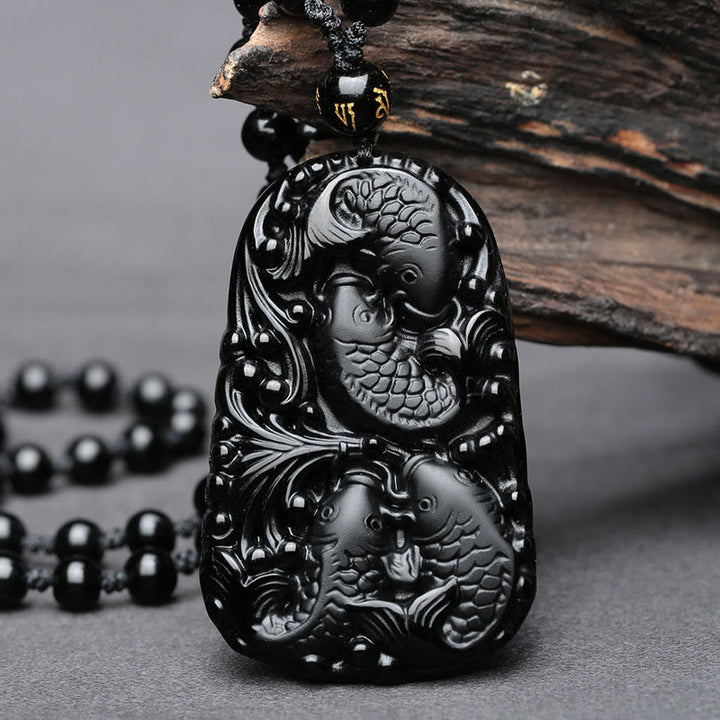 Buddha Stones Black Obsidian Koi Fish Engraved Strength Beaded Necklace Pendant