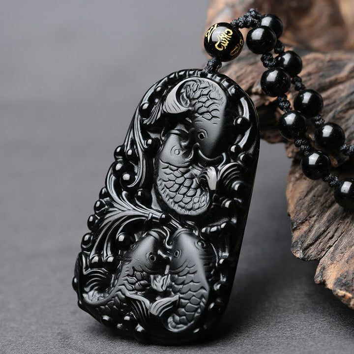 Buddha Stones Black Obsidian Koi Fish Engraved Strength Beaded Necklace Pendant - image 3