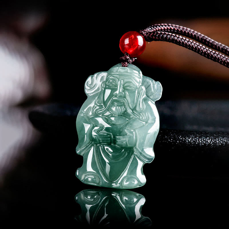 Buddha Stones Natural Green Jade Chinese God of Wealth Caishen Ingot Abundance Necklace Pendant