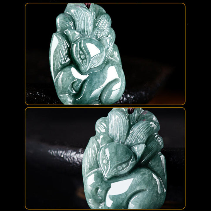 Buddha Stones Natural Green Jade Nine-Tailed Fox Engraved Prosperity Necklace Pendant